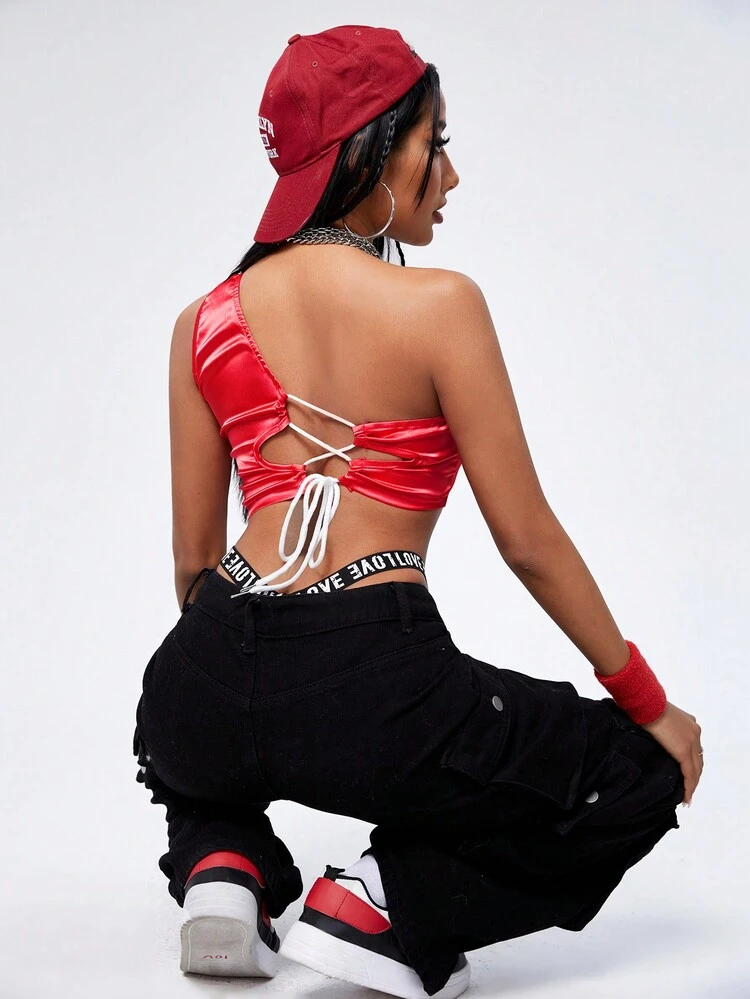 Red One Shoulder Letter Print Faux Silk Elastic Bandeau Top