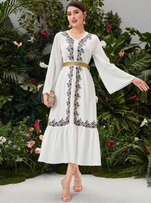 Al Najma 女式刺繡拼接v領衫袖a字裙 - 白色 - 查看 7