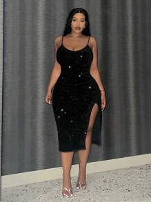 Slaydiva Slayr 加大码优雅亮片紧身开衩连衣裙，适合情人节、派对、约会之夜、俱乐部装扮 - 黑色 - 查看 1