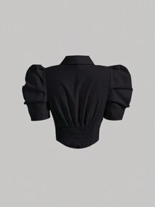 SHEIN MOD Women's Puff Short Sleeve Solid Color Shirt - Black - View 2