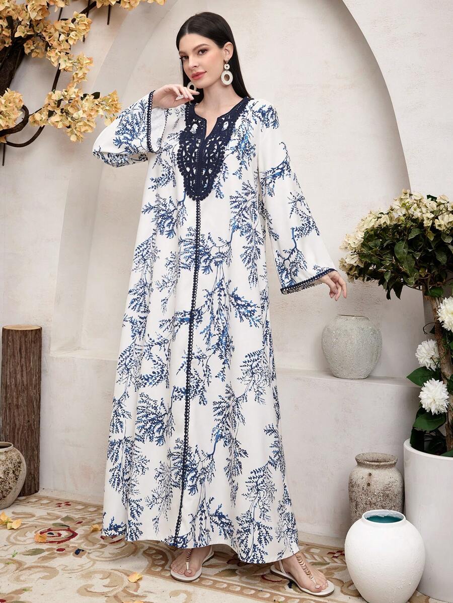 Al Najma 缺口 V 领印花休闲日常长袖衬衫、端庄全长 Jalabiya、休闲长袖连衣裙、卡夫坦 - 藍色 - 查看 1