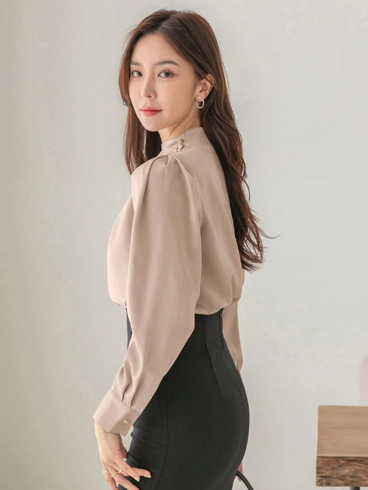 Solid Color Stand Collar Pleated Long Sleeve Shirt,Fall Clothes