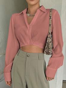 DAZY Solid Color Cropped Long Sleeve Shirt - Orange - View 3