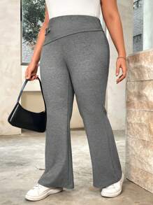 SHEIN Essnce Pantalon Évasé En Tricot Taille Haute Pour Femme De Grande Taille, Ajusté Et Mince, Pour Les Sports D'été Et Les Tenues Décontractées - Gris - Voir 3