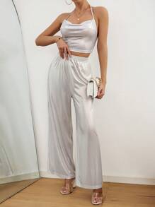 Chiquease Của phụ nữ Thanh lịch Áo cổ bò Áo Halter Crop Với Mở Lưng Và Quần loe - Bạc - Xem 3