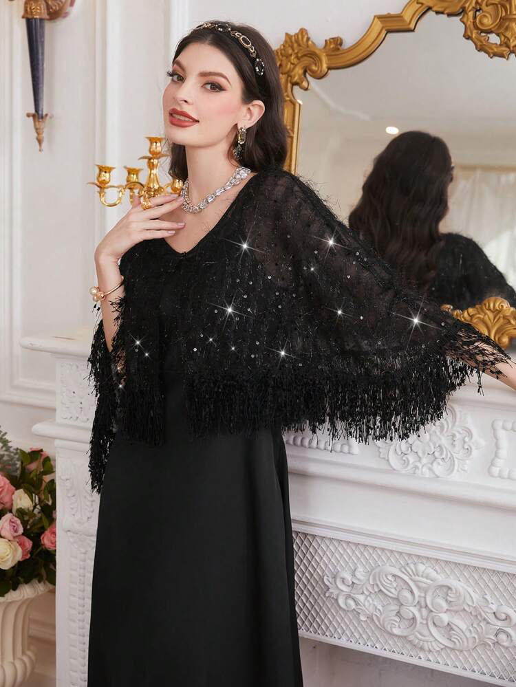 Women's Fringed Short Sleeve Top And Slip Dress Two Pieces Set, Elegant Evening Party Dress 2 Piece Set