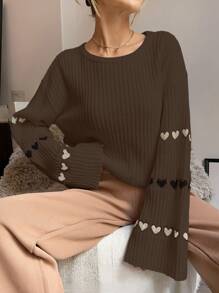 EURMUSE Women's Heart Pattern Round Neck Long Sleeve Sweater - Brown - View 4
