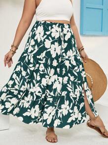 SHEIN VCAY Falda De Talla Grande Con Estampado Floral Y Alta Raja - Multicolor - Ver 3