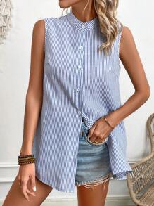 SHEIN VCAY 女款立領條紋無袖襯衫 - 藍白色 - 查看 2