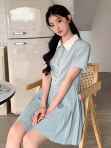 DAZY 女式拼色翻领百褶下摆连衣裙太阳裙衬衫裙，休闲女装 - 藍色 - 查看 4