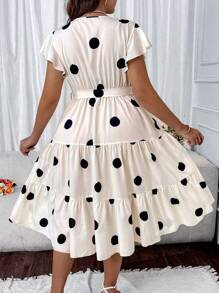 Celure Plus Size Polka Dot Print V-Neck Ruffle Sleeve Dress - Black and White - View 3