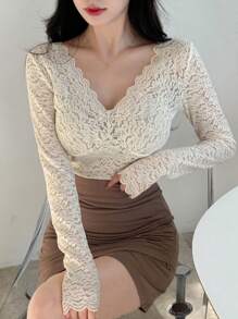 DAZY Women's Solid Color Lace Top With Scalloped Hem Going Out Tops Long Sleeve Women Tops - Beige - View 4