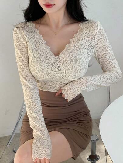 DAZY 女式纯色蕾丝上衣，扇形下摆，外出上衣，长袖女式上衣
