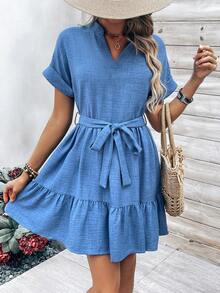 SHEIN LUNE 女性masson_color 領口v領裙式連身裙 - 藍色 - 查看 6