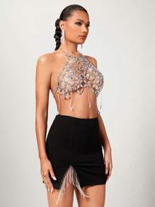 SHEIN BAE Áo croptop nữ lấp lánh, sang trọng với chất liệu kim loại, đính sequin và lưới kim loại. Màu trơn, đính đá quý, kiểu dáng yếm cổ, thích hợp cho các buổi tiệc tùng, lễ hội âm nhạc, v.v., ngày Valentine. - Nhiều màu - Xem 6