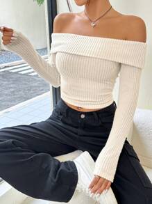 SHEIN EZwear 女士開肩長袖短款T恤上衣