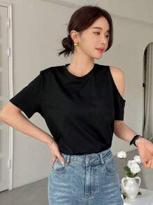 DAZY 女式短袖露肩T恤夏季学院风上衣 - 黑色 - 查看 4