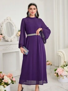 Al Najma Stand Collar Tassel Cuff Bell Sleeve Dress - Purple - View 6