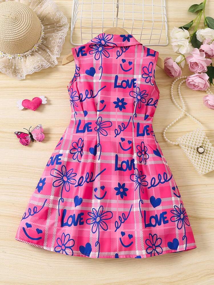 Young Girls' Plaid & Letter Pattern Sleeveless Shirt Dress