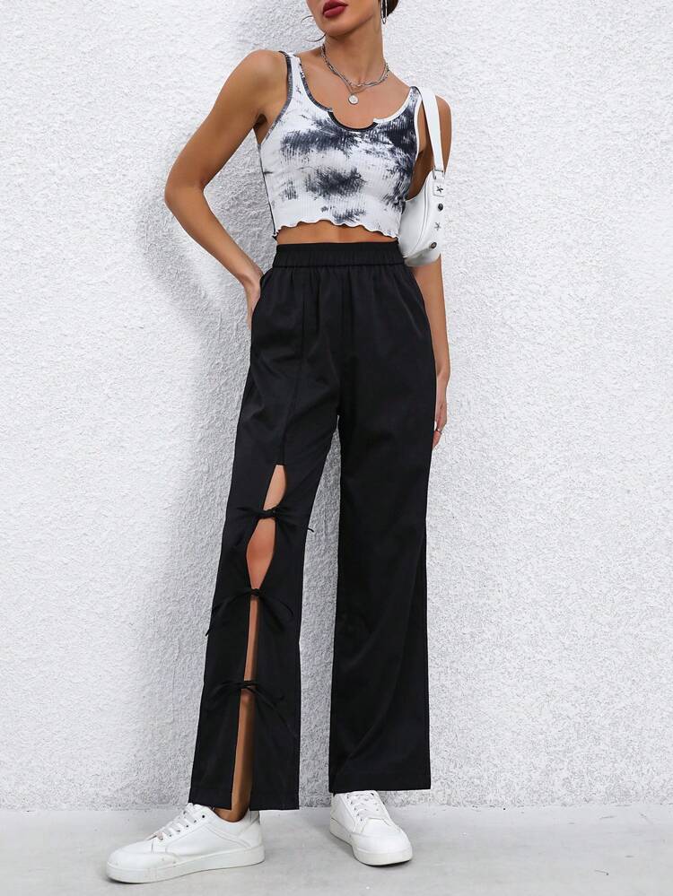 Solid Color Knotted Drawstring Pocket Pants