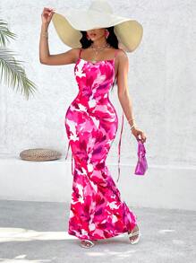 SHEIN Slayr Colorful Printed Sexy Backless Mermaid Style Long Strappy Cami Dress - Pink - View 1
