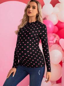 SHEIN Maternity Heart Print Stand Collar T-Shirt - Black - View 3