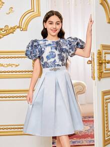 SHEIN 2pcs Tween Girl Sibling Outfits: Jacquard Round Neck Puff Sleeve Shirt And Color-Block Mini Skirt Set