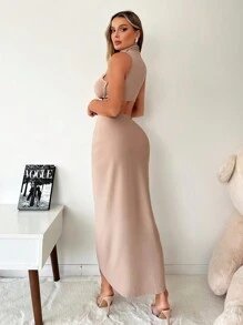 SHEIN SXY 两件套：无袖露脐上衣（立领）和裹身式半身裙，充满假日气息 - 杏色 - 查看 2