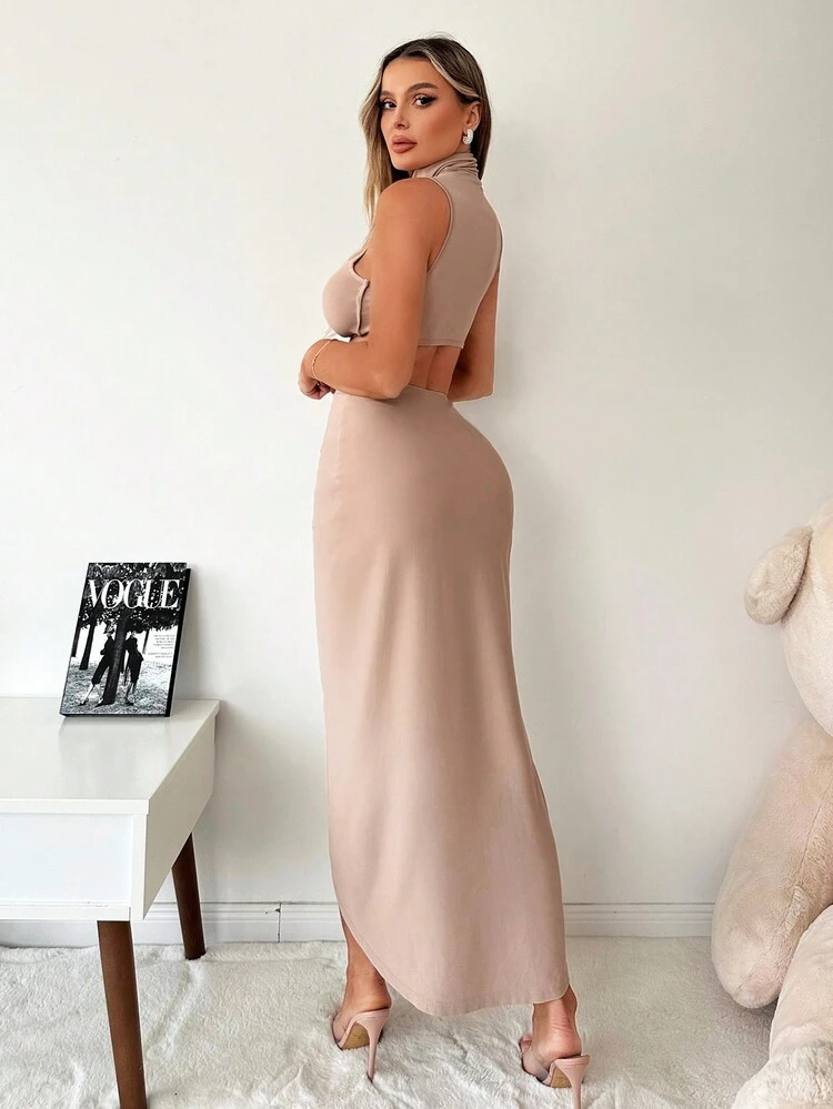 2pcs/Set Sleeveless Crop Top With Stand Collar & Wrap Style Skirt With Holiday Vibe