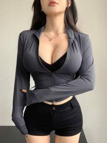 DAZY 女式修身立领长袖T恤，秋季服装 - 深灰色 - 查看 5
