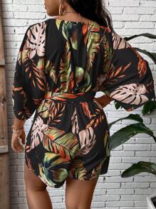 SHEIN Clasi Plus Tropical Print Belted Romper - Black - View 2