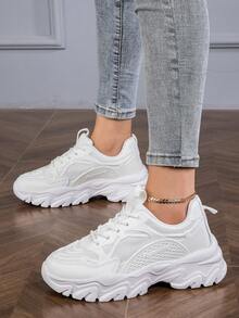 女款運動前厚底運動鞋,日常系列女式時尚白色女鞋厚底拼色圖案繫帶女式厚底鞋輕便透氣女式運動鞋戶外運動鞋女式網球鞋 - 白色 - 查看 2