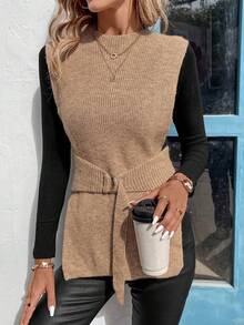 SHEIN Clasi Của phụ nữ Không tay Trang trí Knit ngọn - Lạc đà - Xem 6