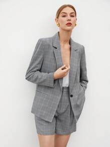 BizChic 女式格紋翻領西裝外套和短褲套裝 - 黑與白 - 查看 5