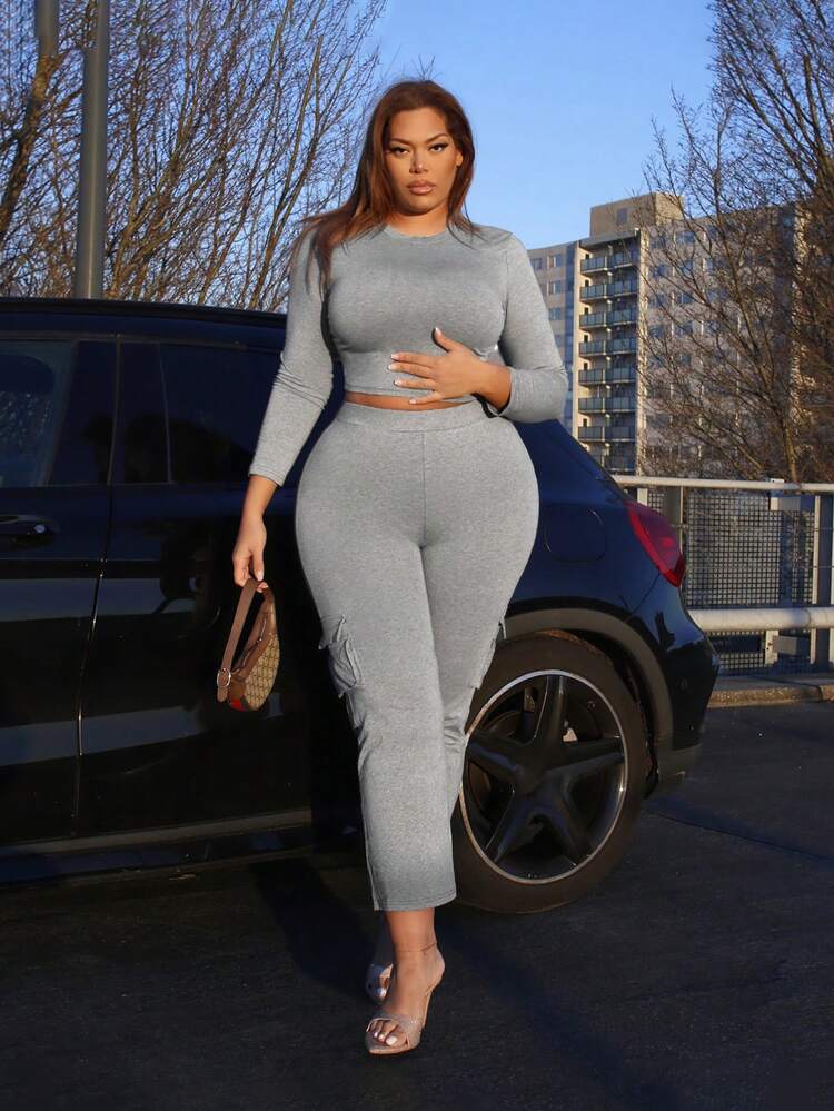 Plus Size Solid Color Bodycon Cotton Two Piece Set