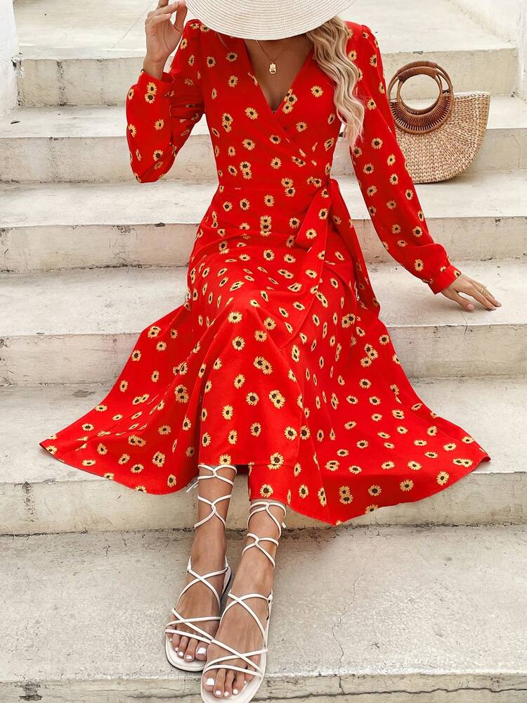 Women's Floral Print Wrap Front Self Tie Slit Dress Fall Cloth For Women