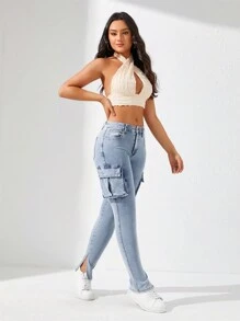SHEIN Privé 修身版型牛仔貨褲 - 淺色水洗藍 - 查看 7