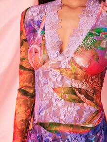 情人节喇叭袖蕾丝鱼尾连衣裙，女士哥特式性感圣诞服装 - 彩色 - 查看 4