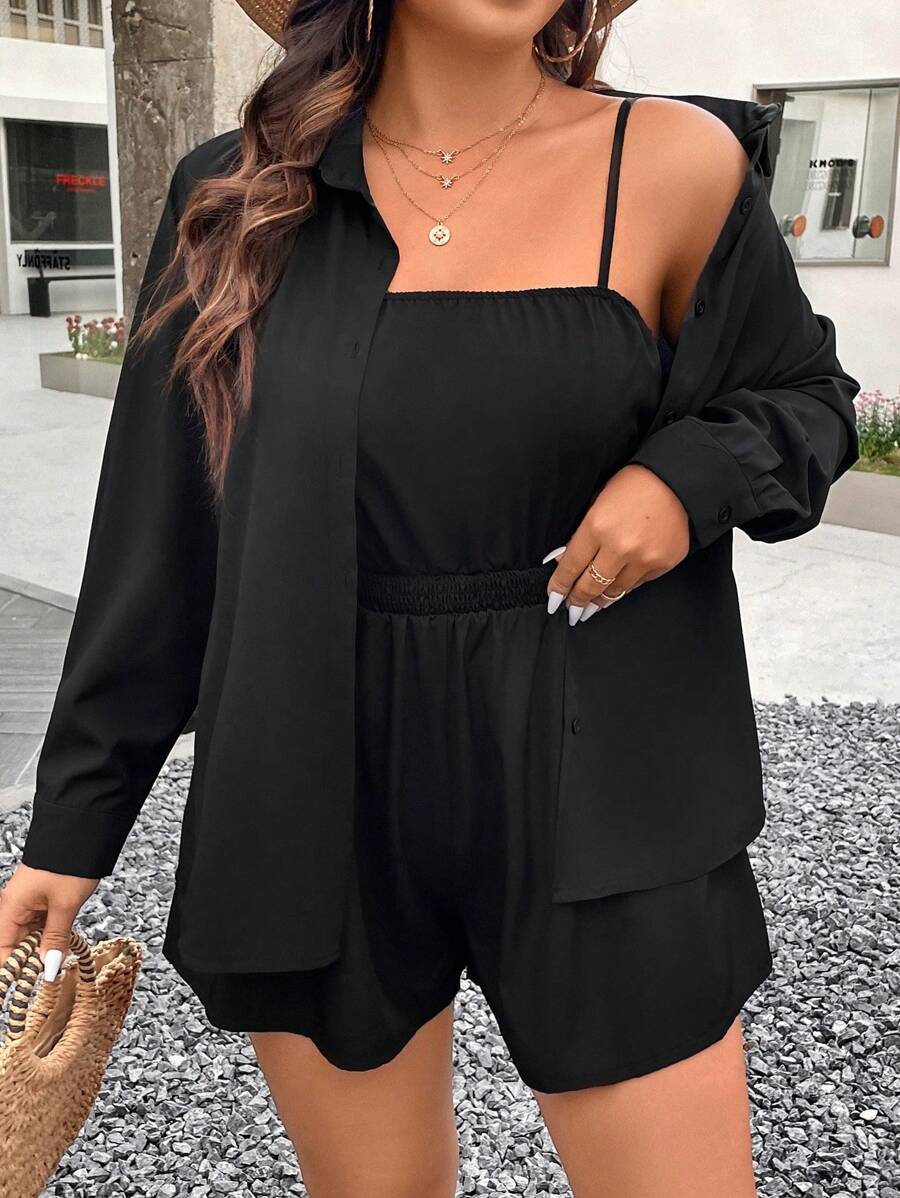 Celure Kích thước lớn Phù hợp với thư giãn Màu thuần Áo sơ mi Và Cami Romper Bộ Với Thả vai - màu đen - Xem 1
