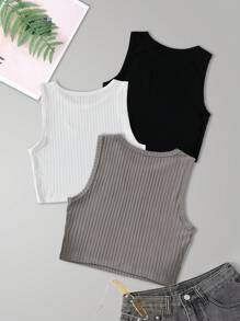INAWLY Women's 3pcs Ribbed Knitted Sleeveless Tops With Round Neck - Multicolor - View 2