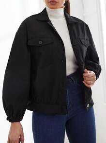 EURMUSE Flap Pocket Drop Shoulder Jacket - Black - View 4