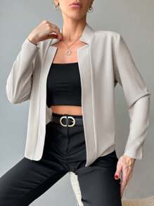 EURMUSE Veste Blazer De Couleur Unie Avec Bouton Sur Le Devant Pour Femme - Nude - Voir 3