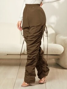 SHEIN SXY High Waist Drawstring Side Striped Pants - Coffee Brown - View 5