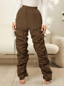 SHEIN SXY High Waist Drawstring Side Striped Pants - Coffee Brown - View 7