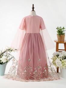 SHEIN Tween Girls' Embroidery Detail Waist Belted Dress 2pcs/Set - Pink - View 2