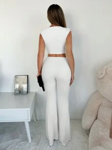 SHEIN SXY مجموعة نسائية مكونة من قطعتين ، بلوزة قصيرة وبنطلون واسع الساقين مصنوعة من نسيج محبوك باللون الأبيض - أبيض - مشاهدة 3