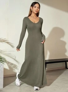SHEIN Unity Women's Ultra-Long Ribbed Dress - Green - View 5