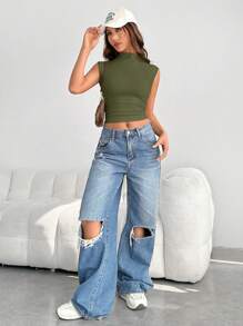 SHEIN EZwear 女士純色立領針織背心，適用於夏季 - 軍綠色 - 查看 4
