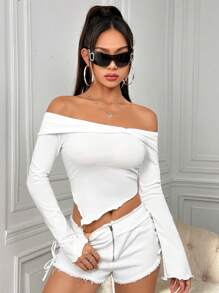 SHEIN ICON Màu thuần Viền bất đối xứng Off-shoulder Áo thun - Nhiều màu - Xem 5