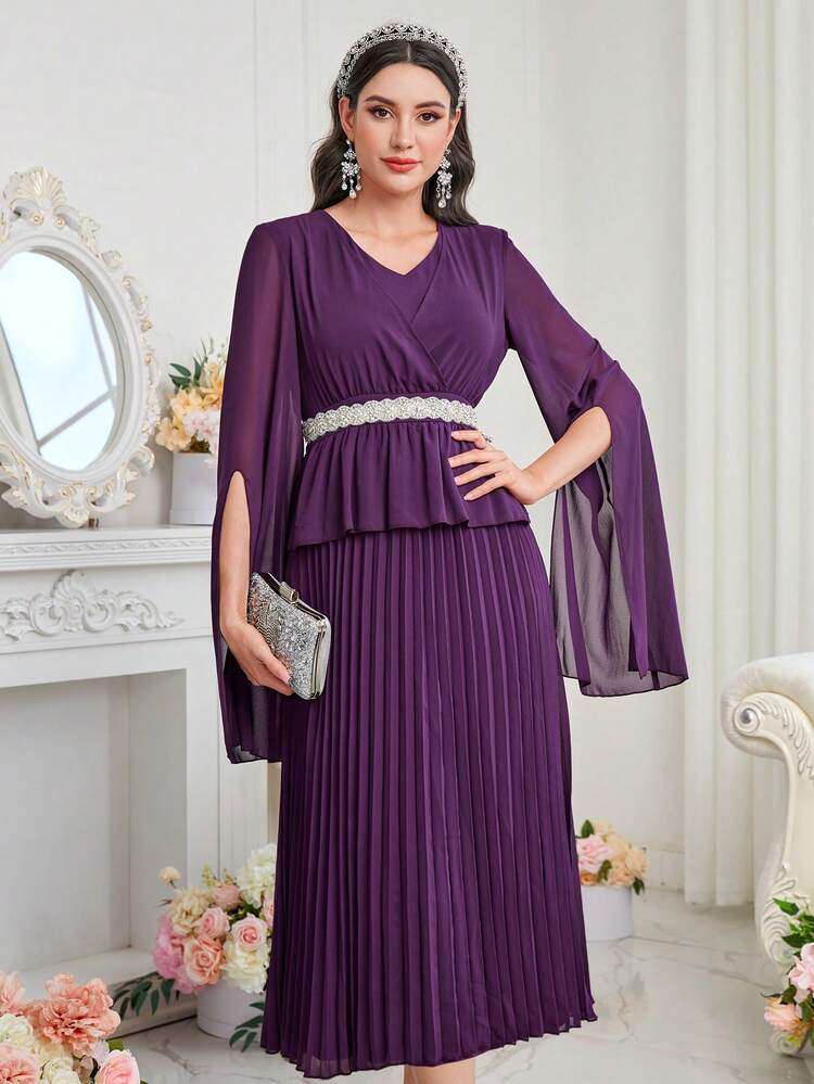 Women's Cape Sleeve Pleated Dress Long Evening Dresses